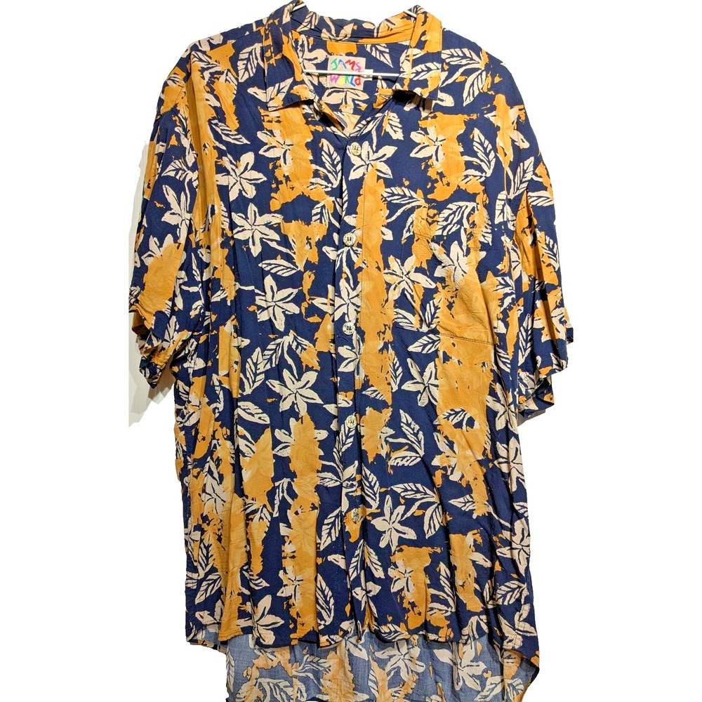 Vtg Jams World Shirt Men L Blue Yellow Floral/Leaf Hawaiian Aloha Button Up Camp